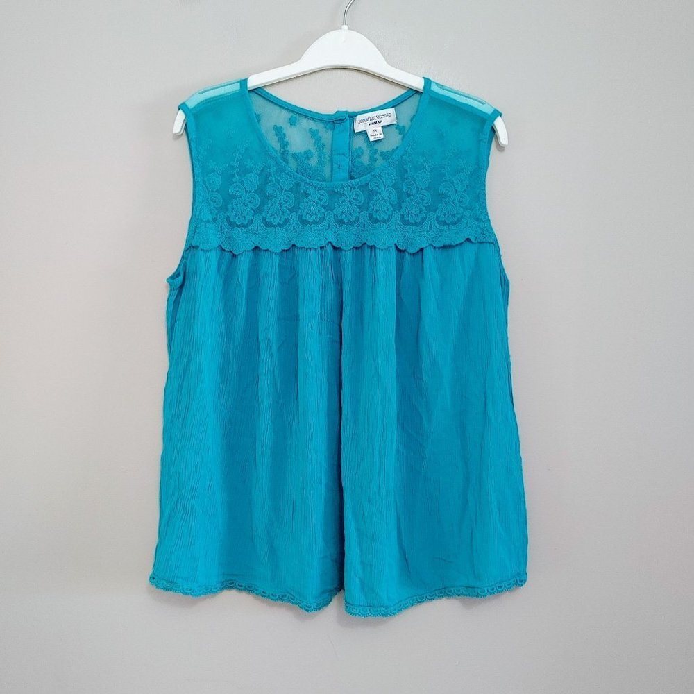 John Paul Richard Womens Plus Size 1X Blouse Blue Lace Collar  Sleeveless Top